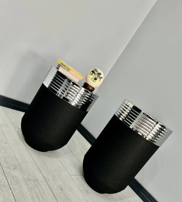 ELEGANT Dekoratif Krom Darbuka Siyah Saksı 70cm + Sehpa 60cm İkili Set - Resim 3