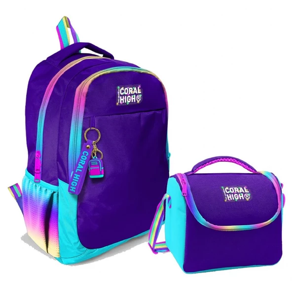 Coral High Kız Çocuk Üç Gözlü İlkokul ve Ortaokul Sırt Çantası+Beslenme - Rainbow Fermuarlı Mor ürün görseli