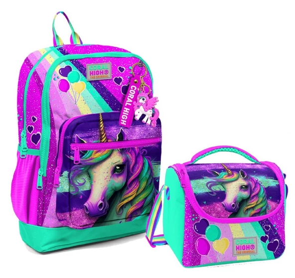 Coral High Dört Bölmeli Kız Çocuk Okul Sırt Çantası ve Beslenme Seti - Pembe Su Yeşili Unicorn ürün görseli
