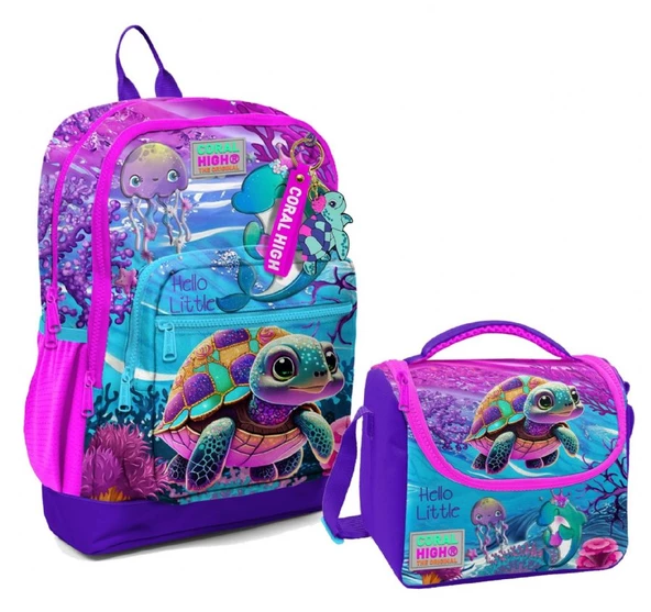 Coral High Dört Bölmeli Kız Çocuk Okul Sırt Çantası ve Beslenme Seti - Pembe Mor Kaplumbağa