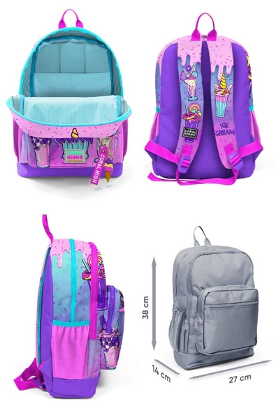 Coral High Kız Çocuk Üçlü İlkokul Okul Çanta Seti - Pembe Mor Dondurma - Resim 2