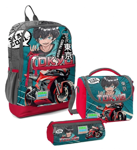 Coral High Erkek Çocuk Üçlü İlkokul Okul Çanta Seti - Gri Nefti Anime Motorsiklet ürün görseli
