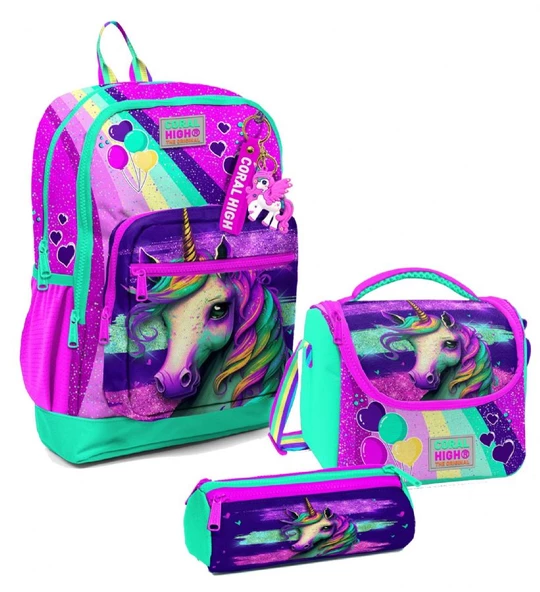 Coral High Kız Çocuk Üçlü İlkokul Okul Çanta Seti - Pembe Su Yeşili Unicorn ürün görseli