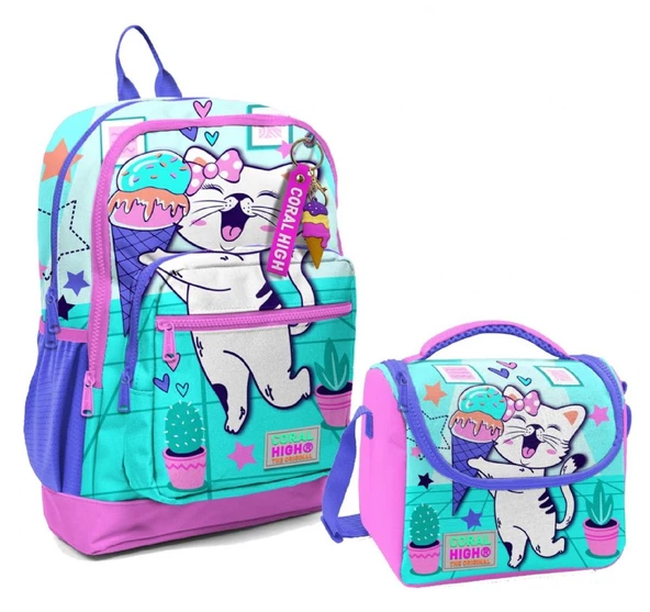 Coral High Dört Bölmeli Kız Çocuk Okul Sırt Çantası ve Beslenme Seti - Turkuaz Pembe Dondurmalı Kedi ürün görseli