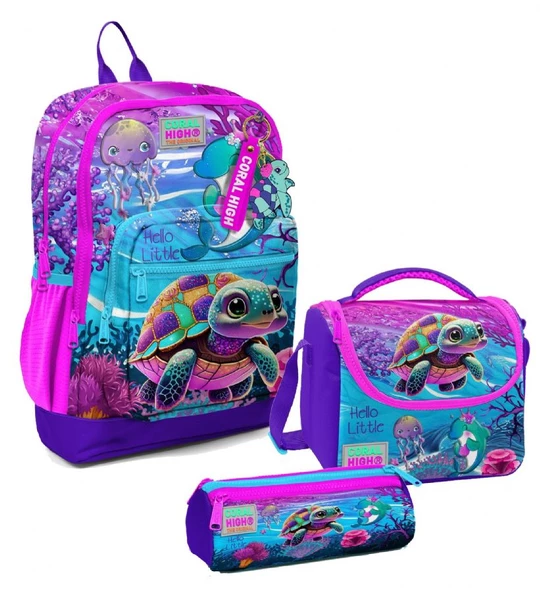 Coral High Kız Çocuk Üçlü İlkokul Okul Çanta Seti - Pembe Mor Kaplumbağa