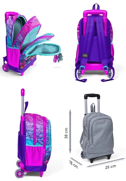 Coral High Pembe Mor Kaplumbağa Işıklı Tekerlekli Okul Çantası ve Beslenme Seti - Kız Çocuk - Resim 2