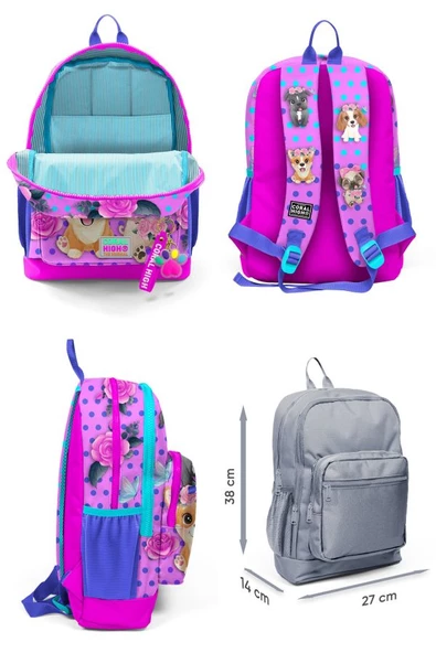 Coral High Dört Bölmeli Kız Çocuk Okul Sırt Çantası ve Beslenme Seti - Pembe Köpek - Resim 2