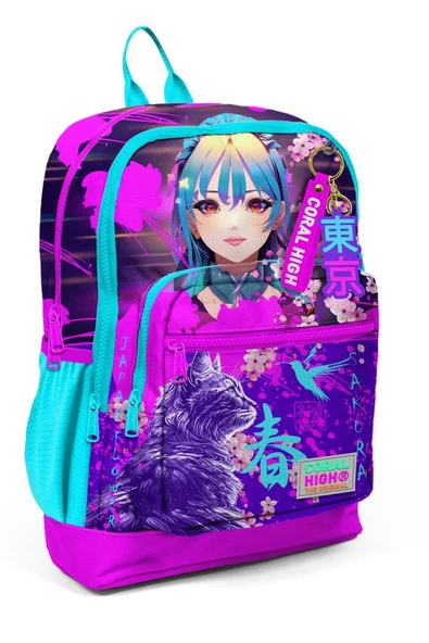 Coral High Dört Bölmeli Mor Pembe Anime Kedi Desenli İlkokul Sırt Çantası - Kız Çocuk ürün görseli