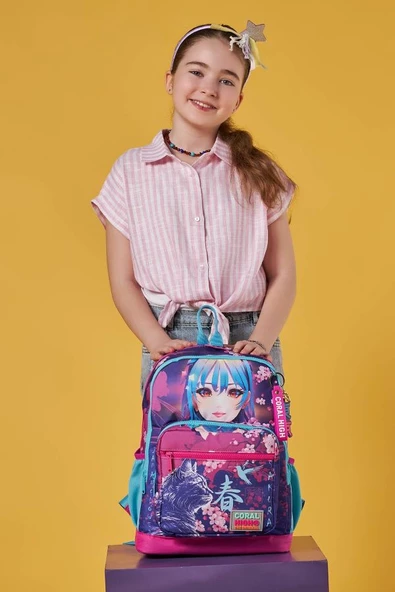 Coral High Dört Bölmeli Mor Pembe Anime Kedi Desenli İlkokul Sırt Çantası - Kız Çocuk - Resim 3