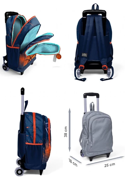 Coral High Turuncu Lacivert Basketbol Üçlü Çekçek Işıklı Tekerlekli Çanta Seti - Erkek Çocuk - Resim 2