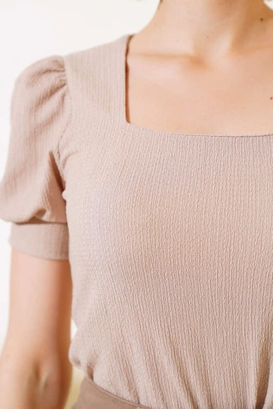 Kare Yaka Bluz Vizon - Resim 4