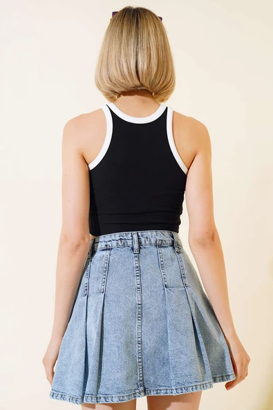 Biyeli Önü Nakışlı Crop Siyah - Resim 3