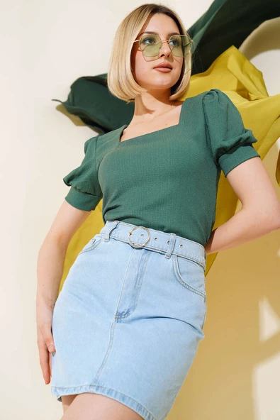 Kare Yaka Bluz Zümrüt ürün görseli 1