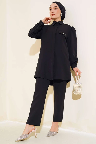 Cep Kapak Taş Detaylı İkili Takım Siyah ürün görseli 1