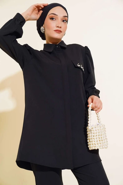 Cep Kapak Taş Detaylı İkili Takım Siyah - Resim 2