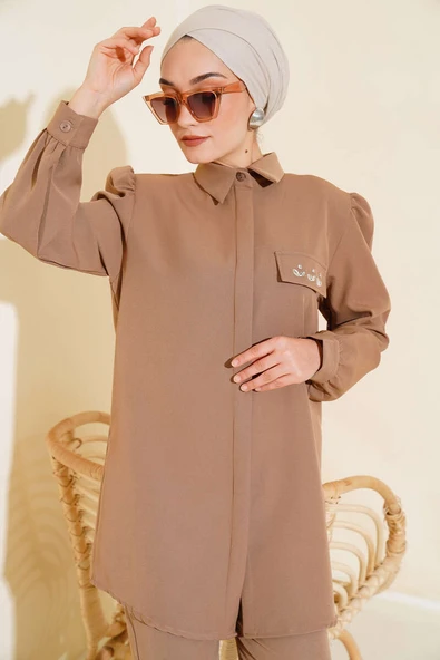 Cep Kapak Taş Detaylı İkili Takım Vizon ürün görseli 1