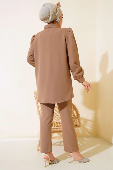 Cep Kapak Taş Detaylı İkili Takım Vizon - Resim 3