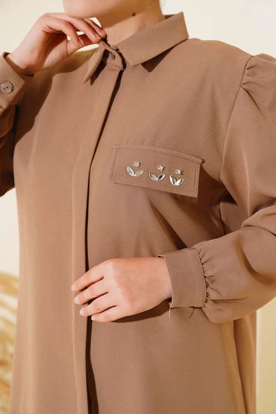 Cep Kapak Taş Detaylı İkili Takım Vizon - Resim 4