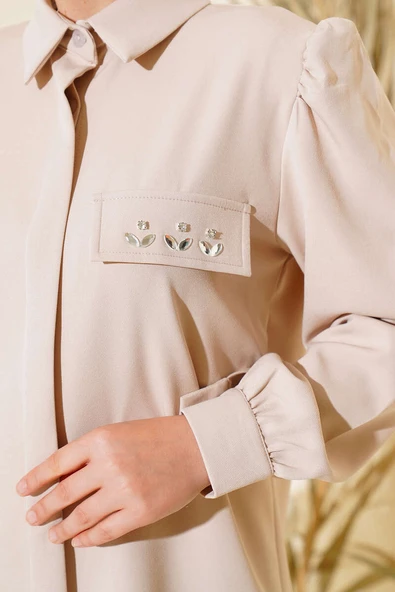 Cep Kapak Taş Detaylı İkili Takım Bej - Resim 4