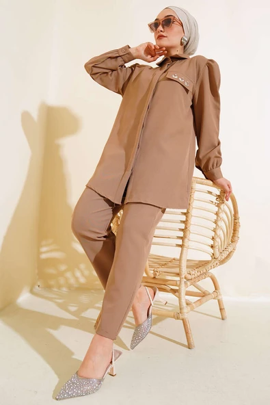 Cep Kapak Taş Detaylı İkili Takım Vizon - Resim 2