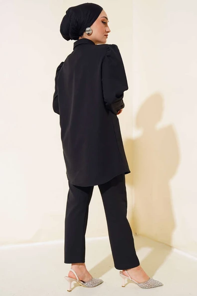 Cep Kapak Taş Detaylı İkili Takım Siyah - Resim 3