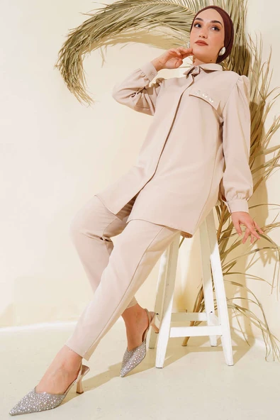 Cep Kapak Taş Detaylı İkili Takım Bej ürün görseli 1