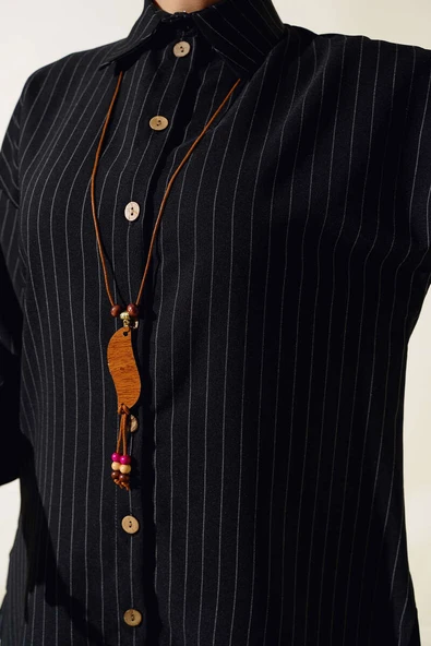 Tahta Düğmeli Çizgili Gömlek Siyah - 4