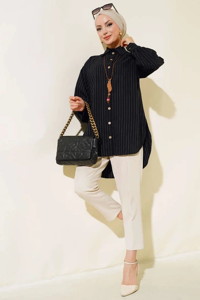 Tahta Düğmeli Çizgili Gömlek Siyah
