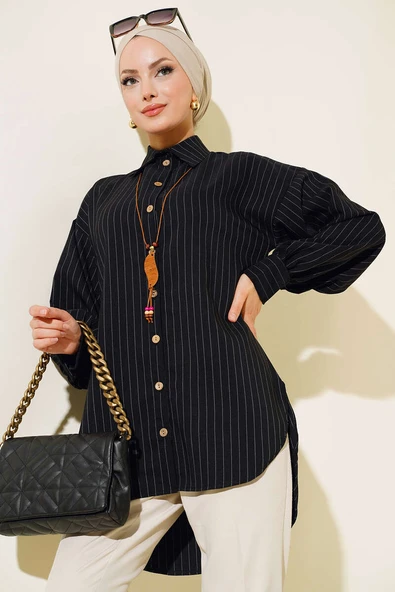 Tahta Düğmeli Çizgili Gömlek Siyah - 2