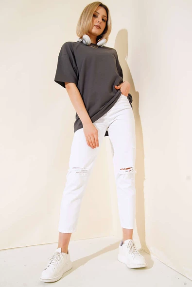 Oversize Basic T-shirt Füme - Resim 2