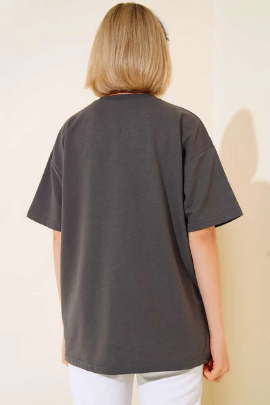 Oversize Basic T-shirt Füme - 3