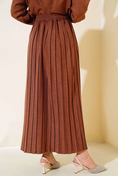 Bel Lastikli Pileli Etek Kahve - 3