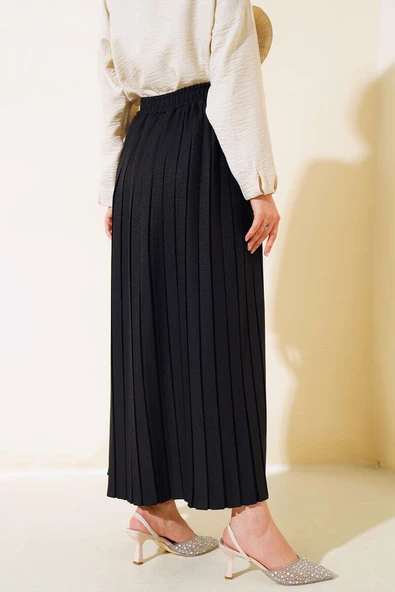 Bel Lastikli Pileli Etek Siyah - 3