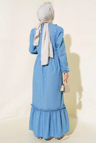 Önü Fırfırlı Kot Elbise Kot Mavisi - Resim 3