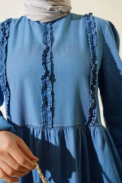 Önü Fırfırlı Kot Elbise Kot Mavisi - Resim 4