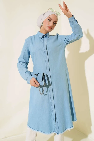 Püsküllü Kot Tunik Kot Buz Mavisi - Resim 2