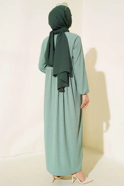 Kol Lastikli Bürümcük Elbise Çağla Yeşili - Resim 3