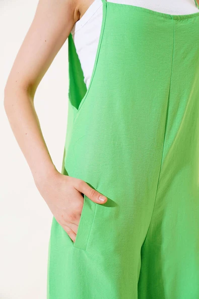 Çift Cepli Askılı Tulum Neon Yeşil - Resim 4