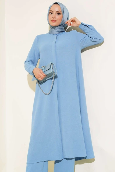 Gizli Düğmeli Salaş İkili Takım Mavi - Resim 2