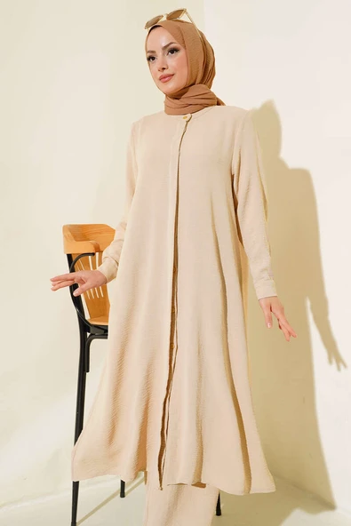 Gizli Düğmeli Salaş İkili Takım Bej - Resim 2