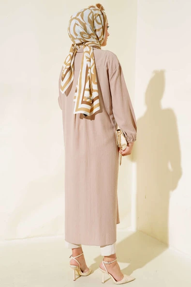 Tahta Düğmeli Uzun Gömlek Bej - Resim 3