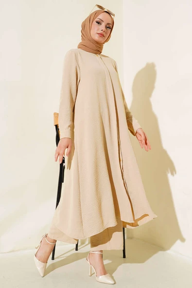 Gizli Düğmeli Salaş İkili Takım Bej ürün görseli 1
