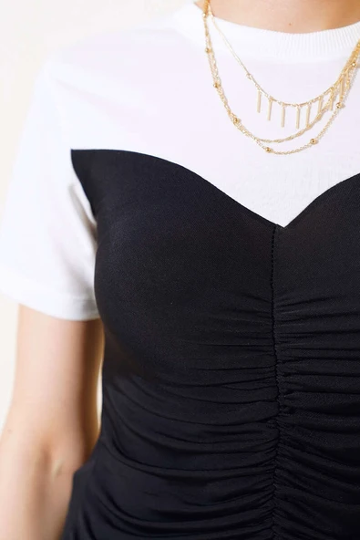 Garnili Büzgülü T-shirt Siyah Beyaz - Resim 4