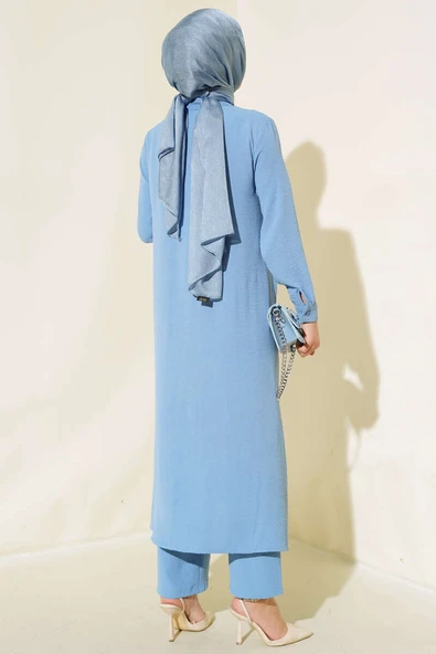 Gizli Düğmeli Salaş İkili Takım Mavi - Resim 3