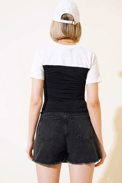 Garnili Büzgülü T-shirt Siyah Beyaz - Resim 3