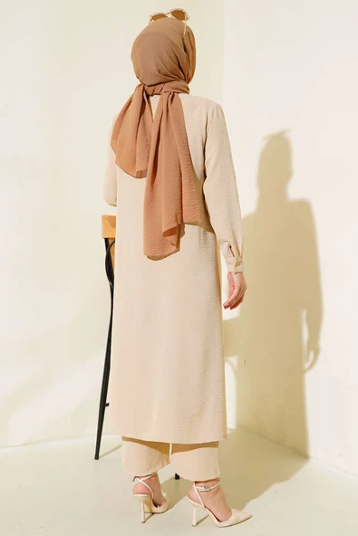 Gizli Düğmeli Salaş İkili Takım Bej - Resim 3