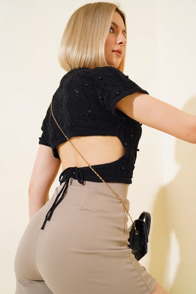 İncili Triko Crop Siyah ürün görseli