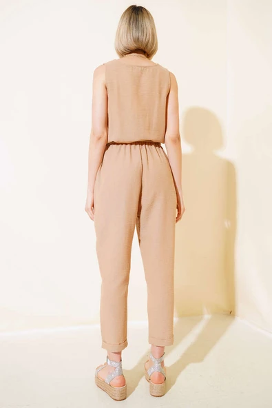 Tahta Düğmeli Keten Tulum Camel - Resim 3