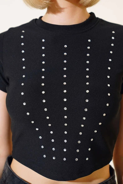 Taş Süslemeli Kaşkorse Bluz Siyah - Resim 4
