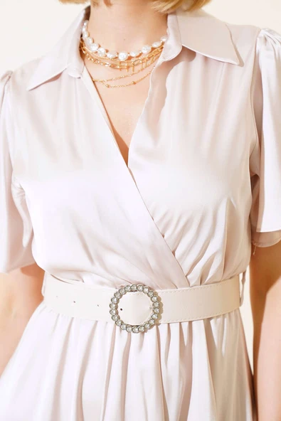 V Yaka Saten Elbise Bej - Resim 4